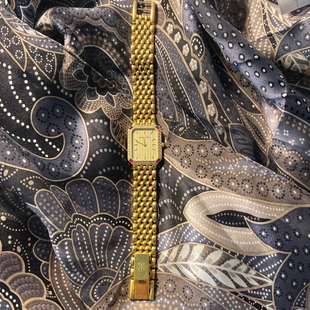 Vintage 18K Gold Plated Daniel Mink Jeweled Swiss Made Tank Watch.